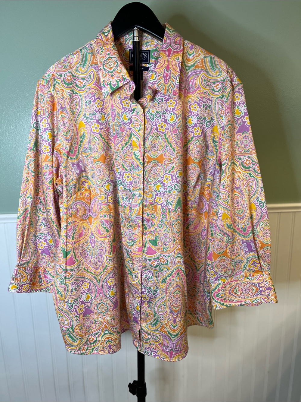 Chaps Plus Size No Iron Pastel Multi Colored Paisley Button-Up Shirt. Size 2X